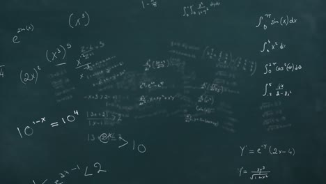 animation of mathematical equations floating against black chalk board
