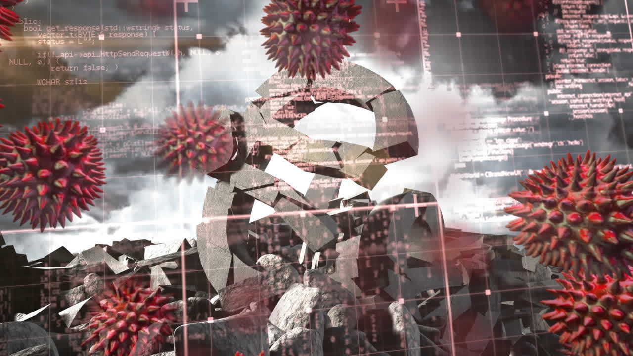 파괴된 유로 기호를 보여주는 통계와 함께 떠다니는 거대 코로나19 세포의 애니메이션.