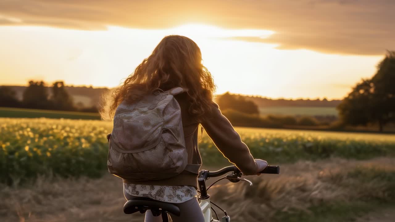 Girl Cycling at Sunset in a Field