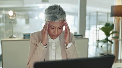 business woman, burnout and headache in office
