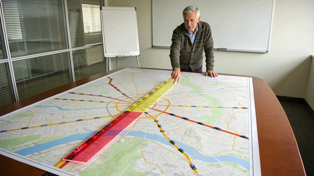 Placing presenter in sweater sliding overlay on office map, moving cars to show traffic, copy space