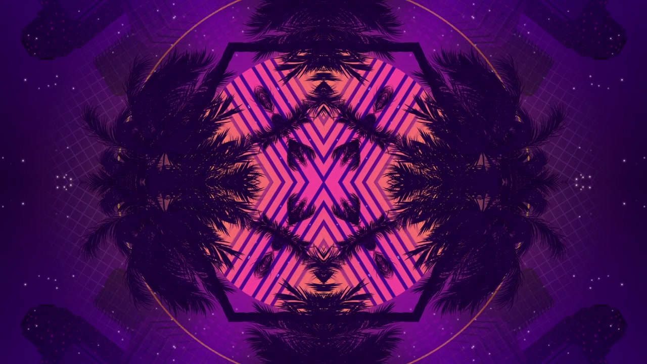 Retrowave Caleidoscopio con Palme e Motivi Geometrici al Neon