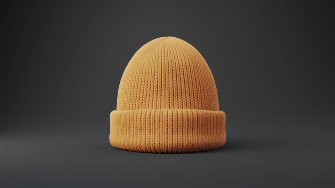 Orangefarbene Strickmütze, rotierend auf dunklem Hintergrund
