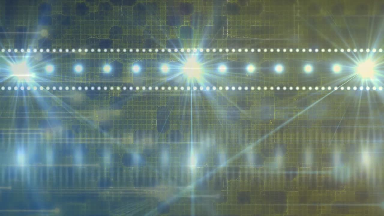 Animation of row of white spotlights over passing light flares, on dark background
