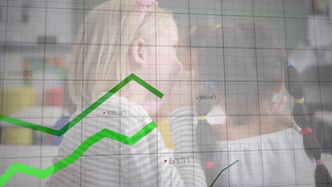 animation of data processing over diverse schoolchildren in classroom