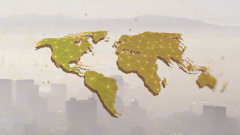 animation of world map and digital data processing over cityscape