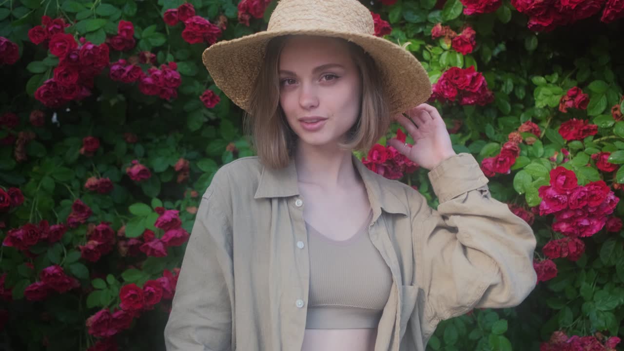 꽃이 피는 장미 덤불의 배경에  모자를 입은 우아한 금발 젊은 여성
