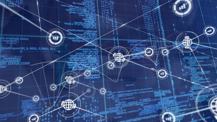 Animation of connected icons over computer language against blue background