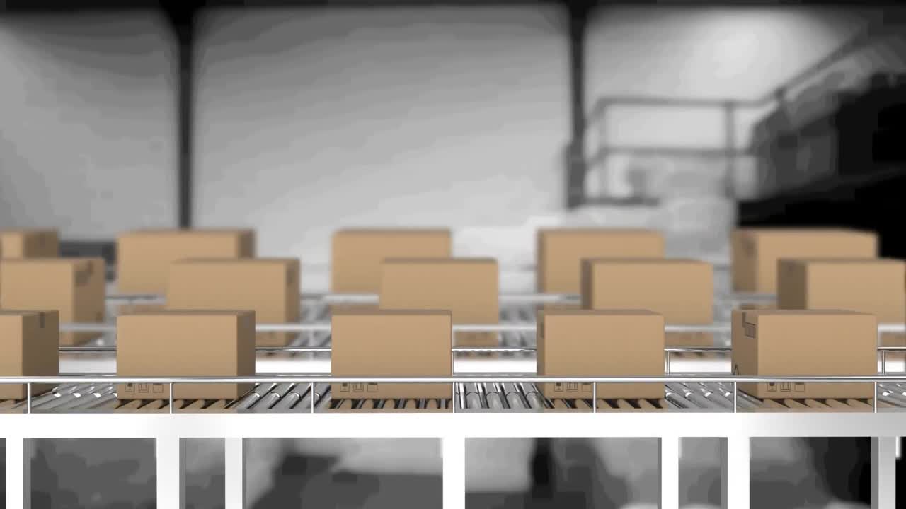 창고에서 컨베이어 벨트에 움직이는 카드보드 상자의 애니메이션