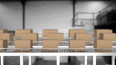 animación de cajas de cartón que se mueven en cintas transportadoras en el almacén
