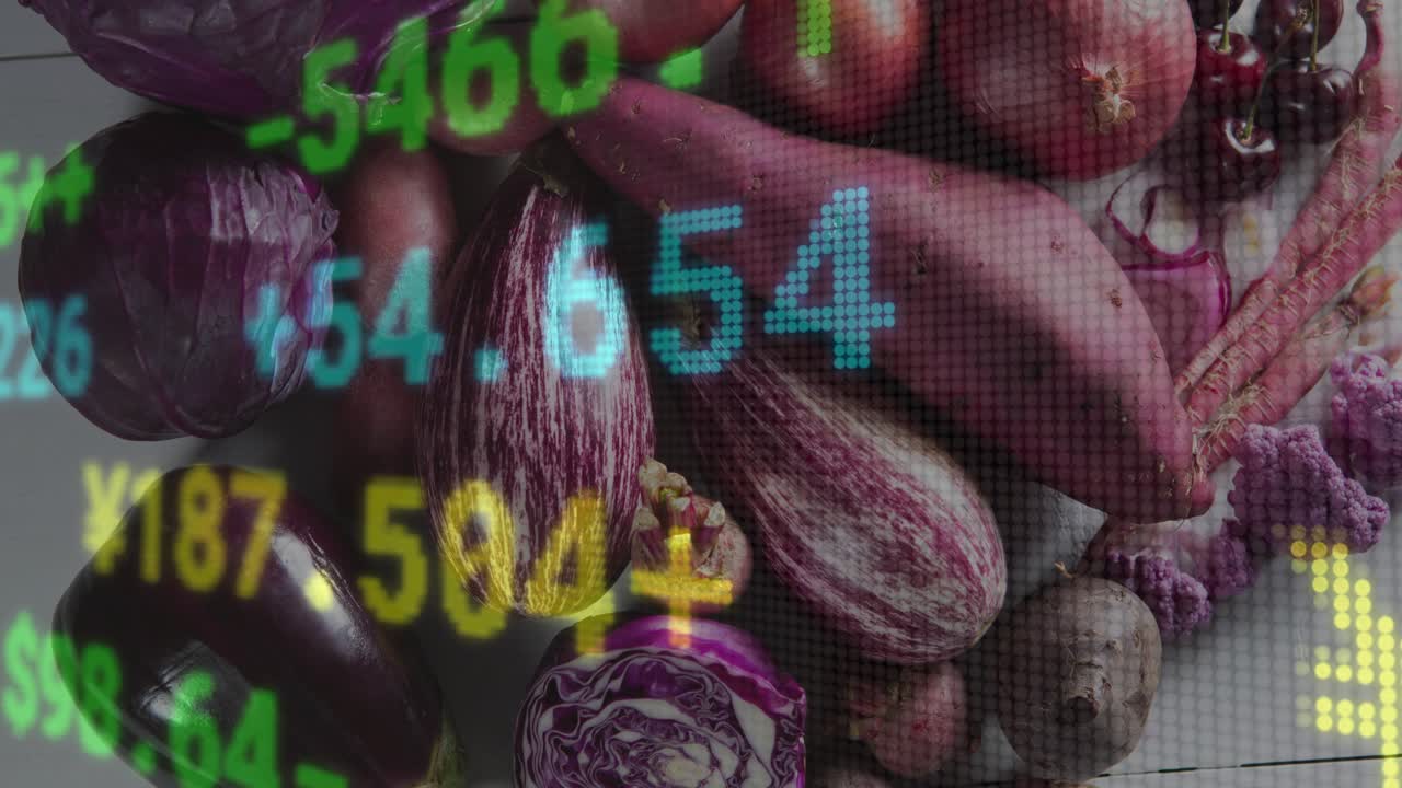 Superposición numérica que aparece sobre productos de color púrpura, indicadores de divisas que se deslizan y muestran cambios de precios
