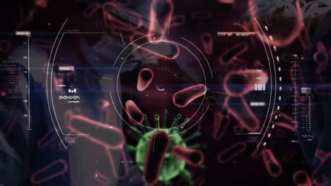 Animation-of-covid-19-cells-floating-over-scope-scanning-and-surgeons-in-face-masks