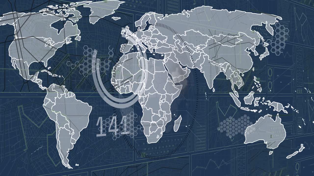 Animation of statistics and financial data processing over world map ...