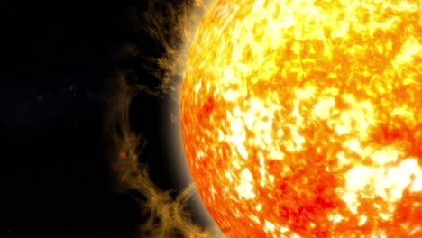 Planet-Sun-glowing-surface-with-solar-flares-radiation-against-deep-black-space,-emits-heat-and-microwaves-energy-explosions