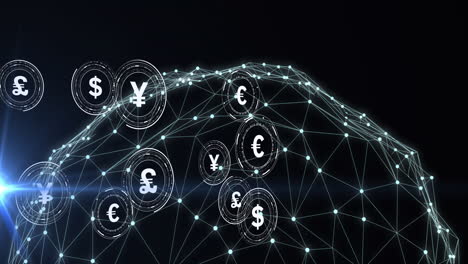 animation of globe of connections with currency symbols on black background