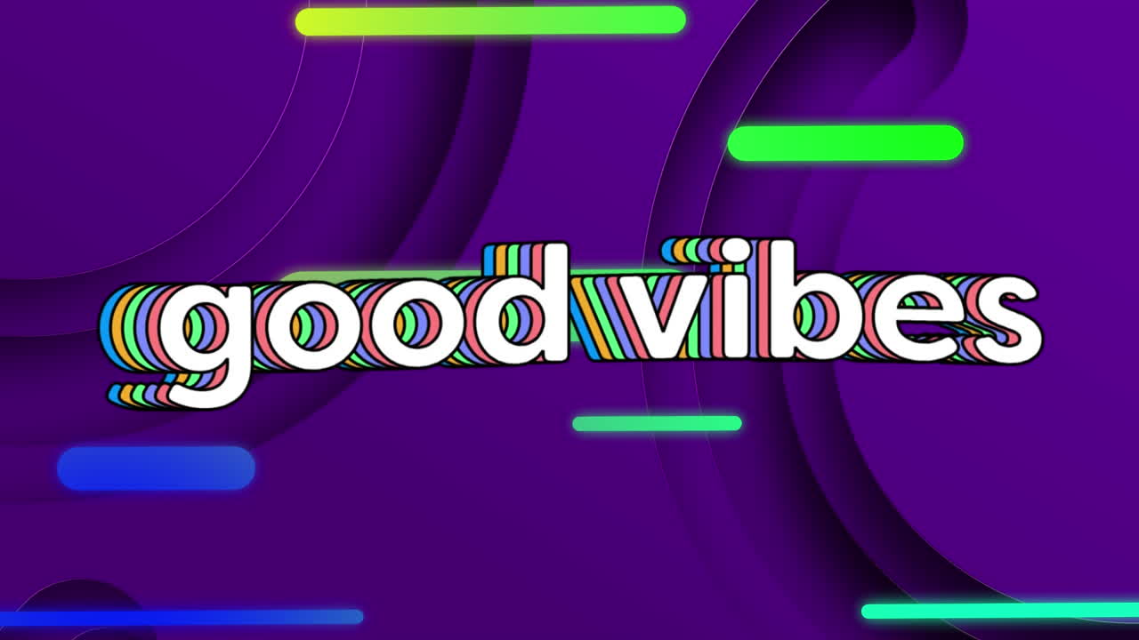 animación digital de buenas vibraciones texto contra formas verdes que se mueven contra un fondo púrpura