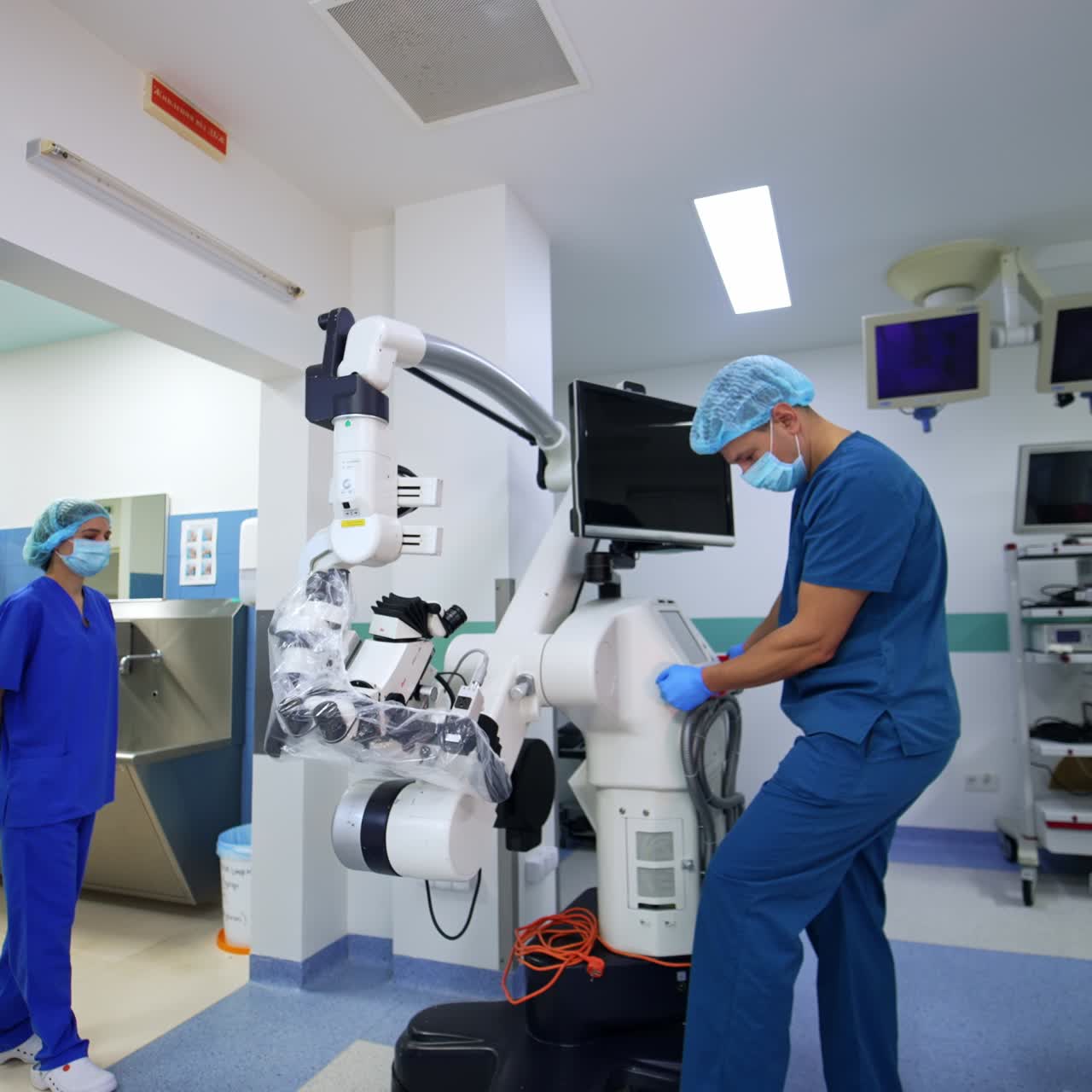 Modern surgical room for neurosurgical procedures in contemporary clinics. Medical staff preparing advanced equipment for operation