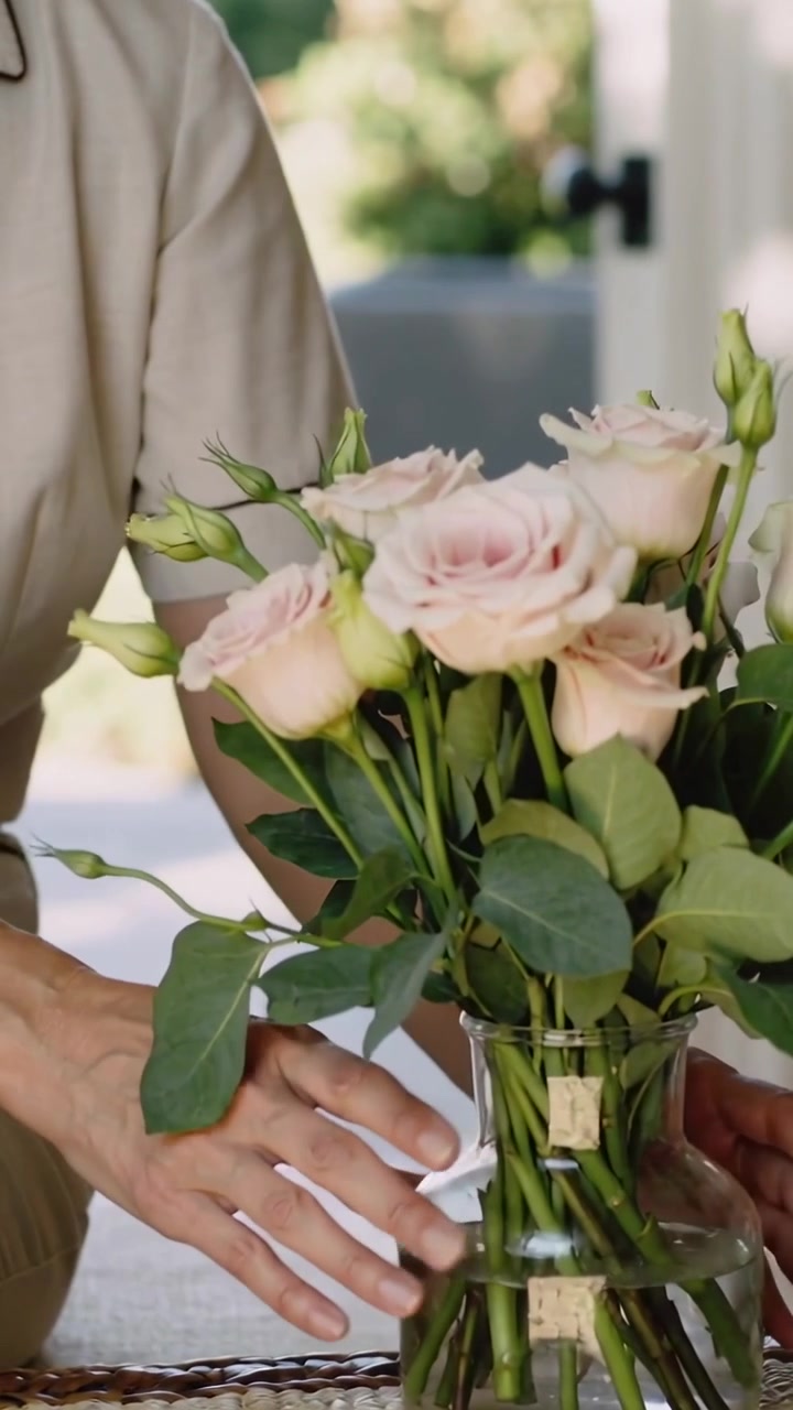 Video verticale: Mani che posizionano rose pallide, sistemandole in un vaso di vetro su un tavolo vicino alla porta, preparando l'ingresso.