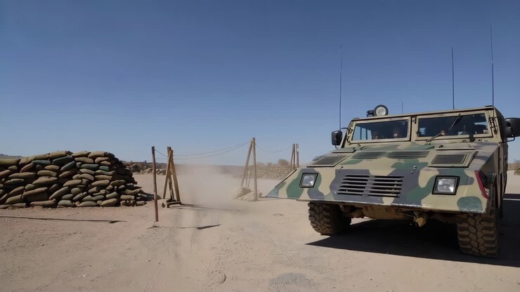 Personale e veicolo militare in terreno desertico.