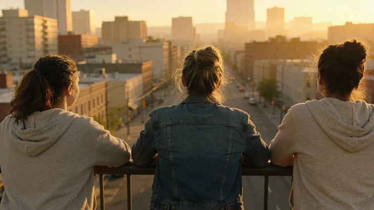 Mentre il sole tramonta, tre donne con giacche di jeans e felpe con cappuccio sono appoggiate alla ringhiera di un tetto, osservando lo skyline.