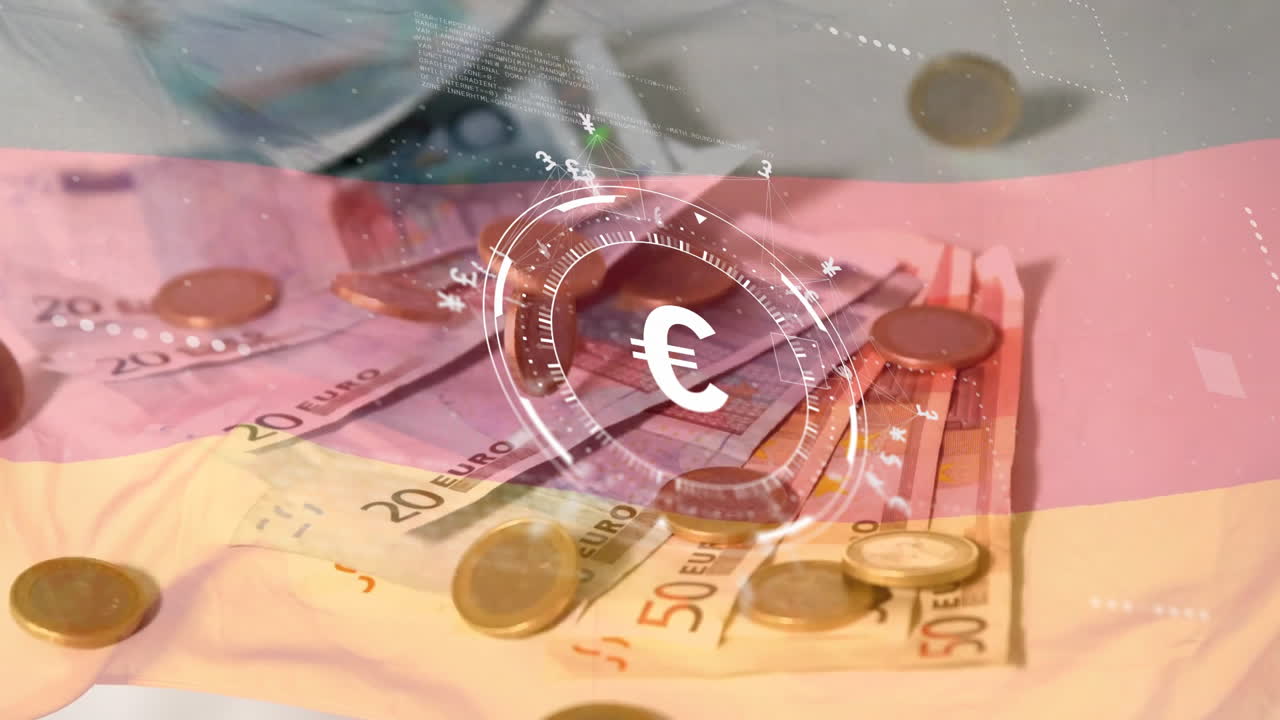 animación del símbolo de la moneda euro sobre varios billetes y monedas de euro