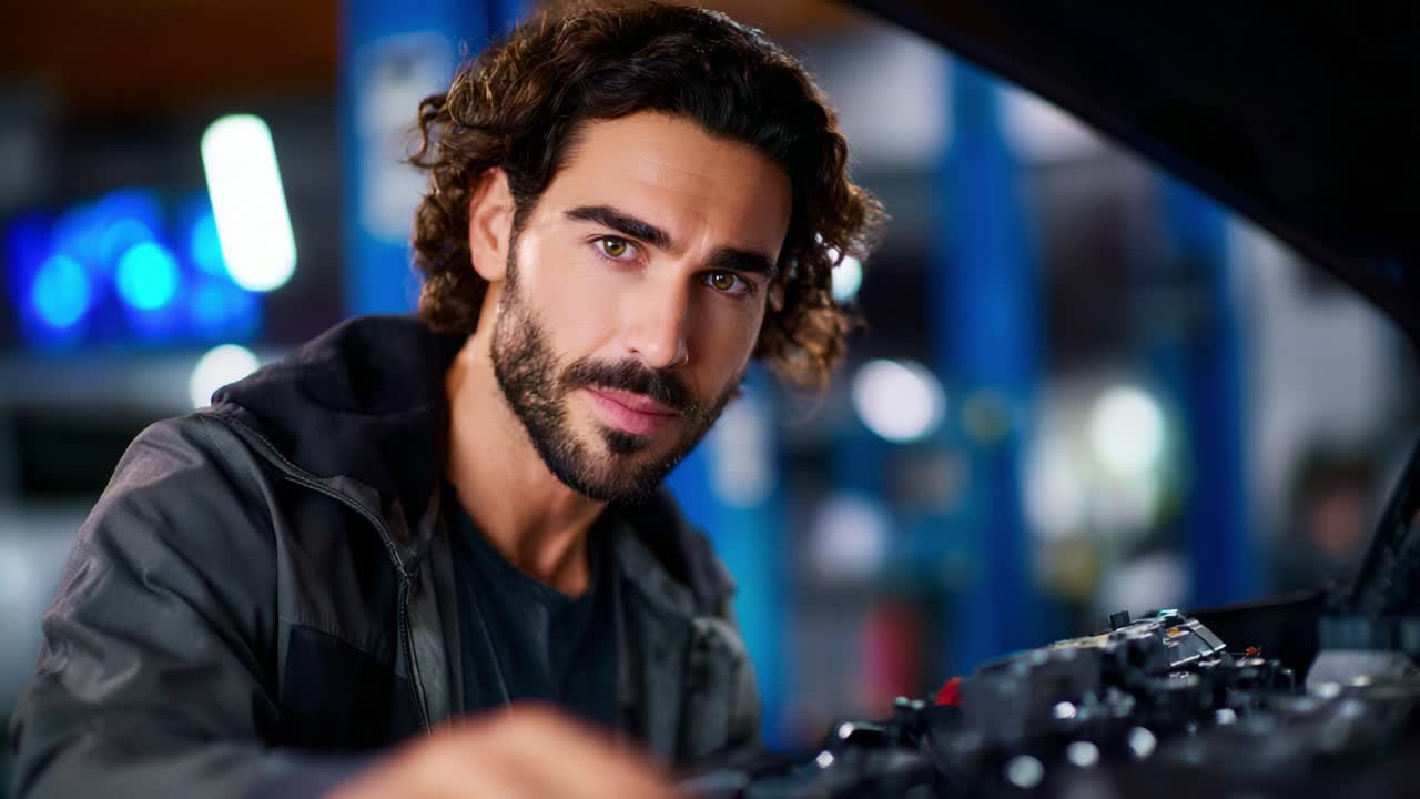 Meccanico specializzato che lavora su un motore, espressione concentrata e attenzione ai dettagli per la riparazione di automobili in un'officina moderna con illuminazione soffusa