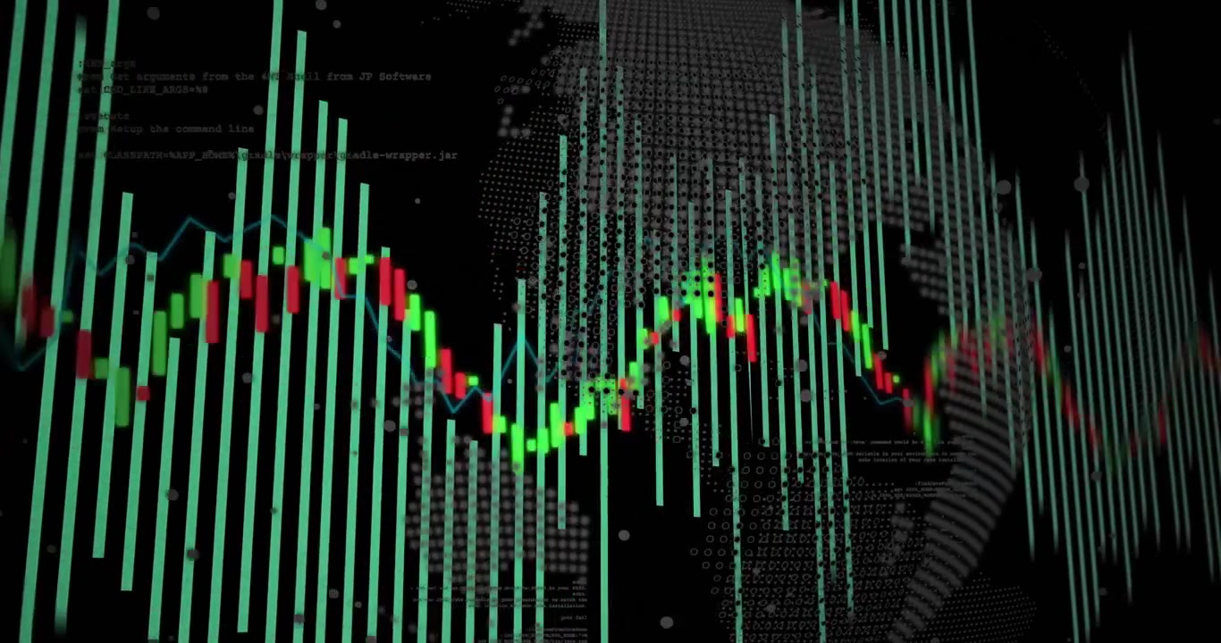 3D-søjler stiger, driver candlestick-linje, der væver sig gennem søjler og roterende globus, der viser volatilitet