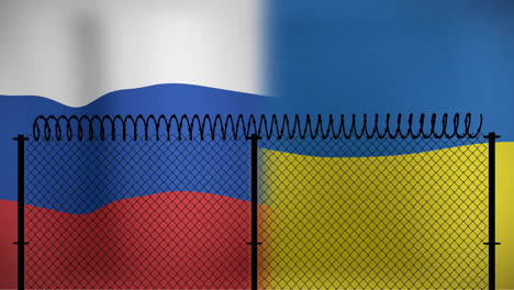 barbed wire fence with russian and ukrainian flags animation in background