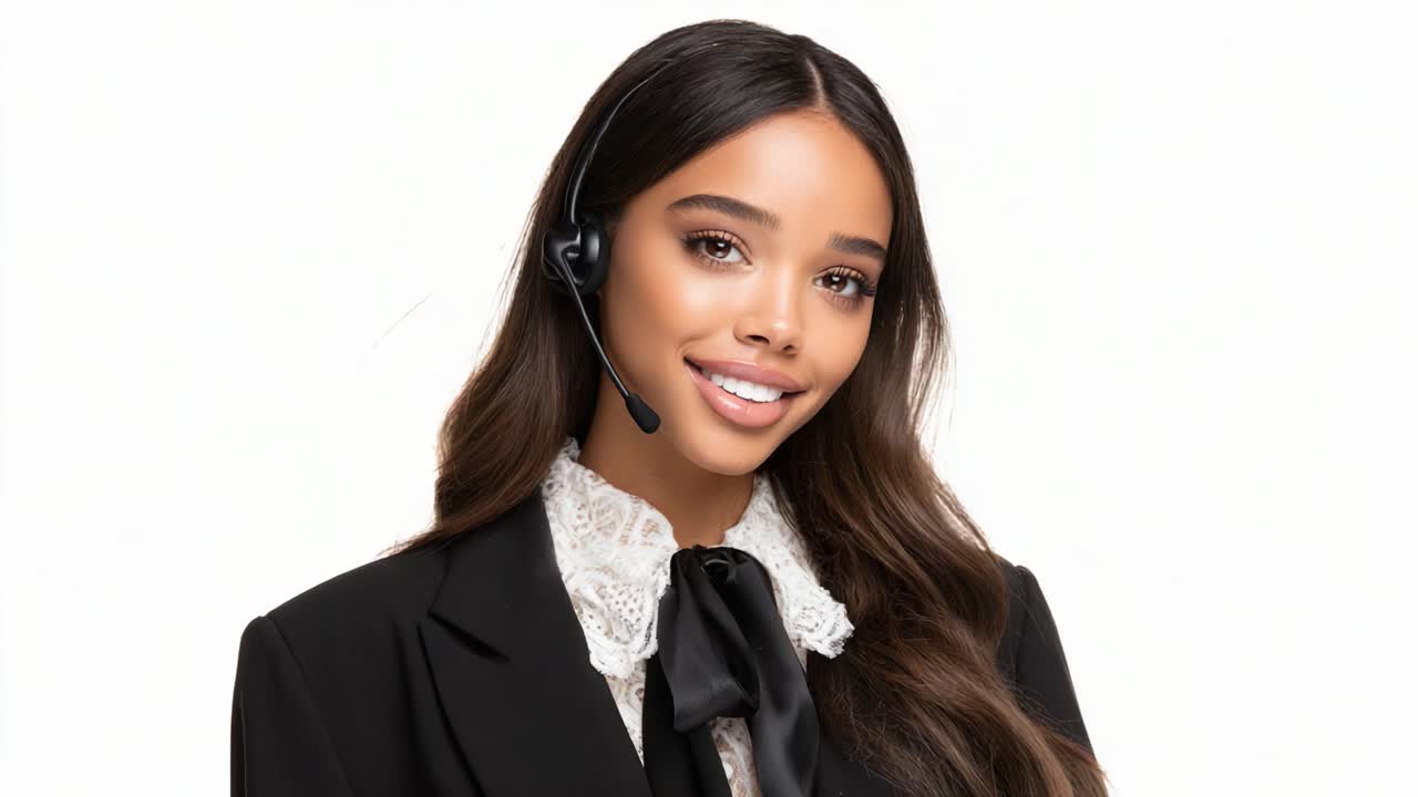 A Confident Professional in Formal Attire and Headset, Portraying Customer Service Excellence with a Warm Smile and Engaging Expression