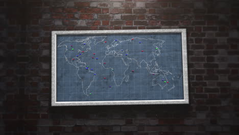 World-map-with-point-of-visit-on-brick-wall-on-room