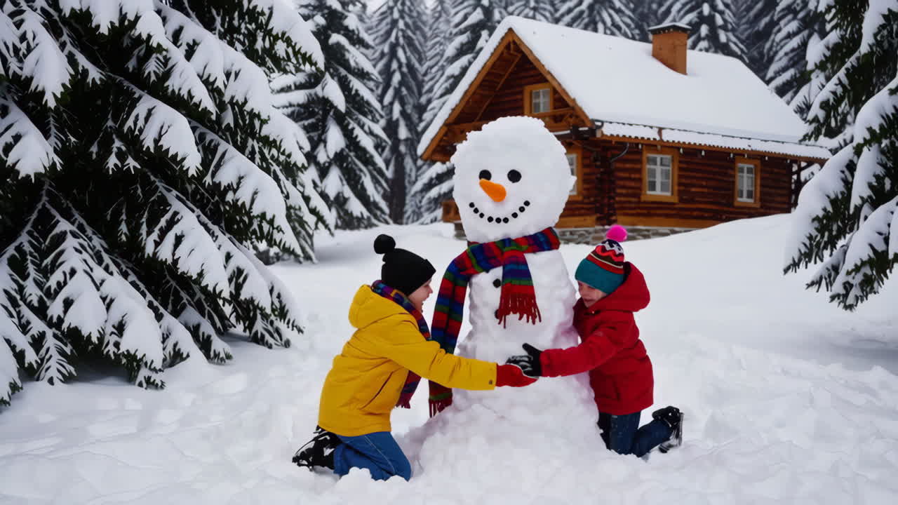 Children Building a Snowman in a Snowy Forest near a Wooden Cabin