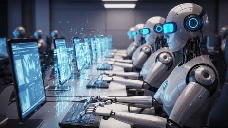 a futuristic workspace featuring advanced robots engaged in data processing and digital interaction with high-tech monitors in a modern environment