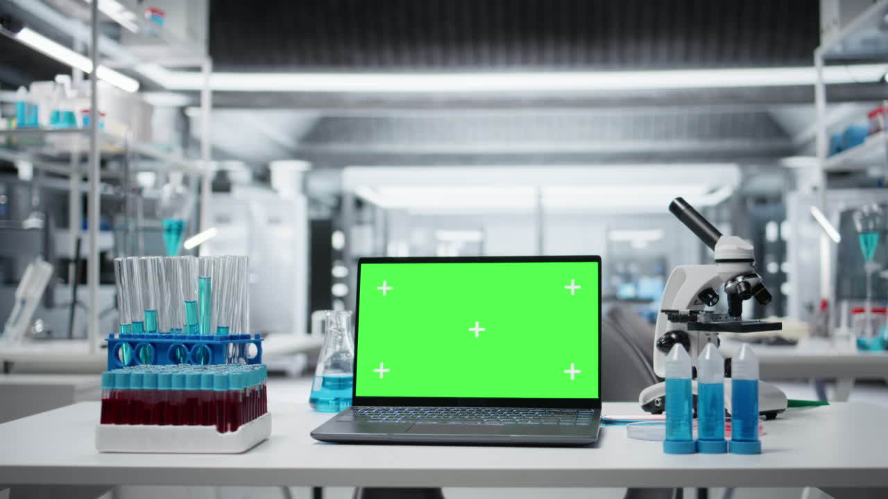 Isolated screen laptop on lab workbench next to microscope and liquid samples
