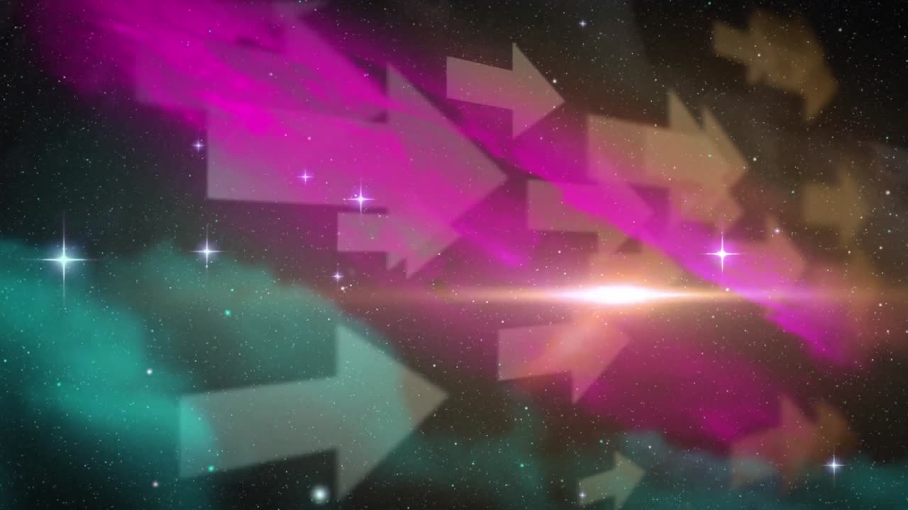 animación de múltiples flechas flotando a la derecha sobre nubes espaciales y galaxias