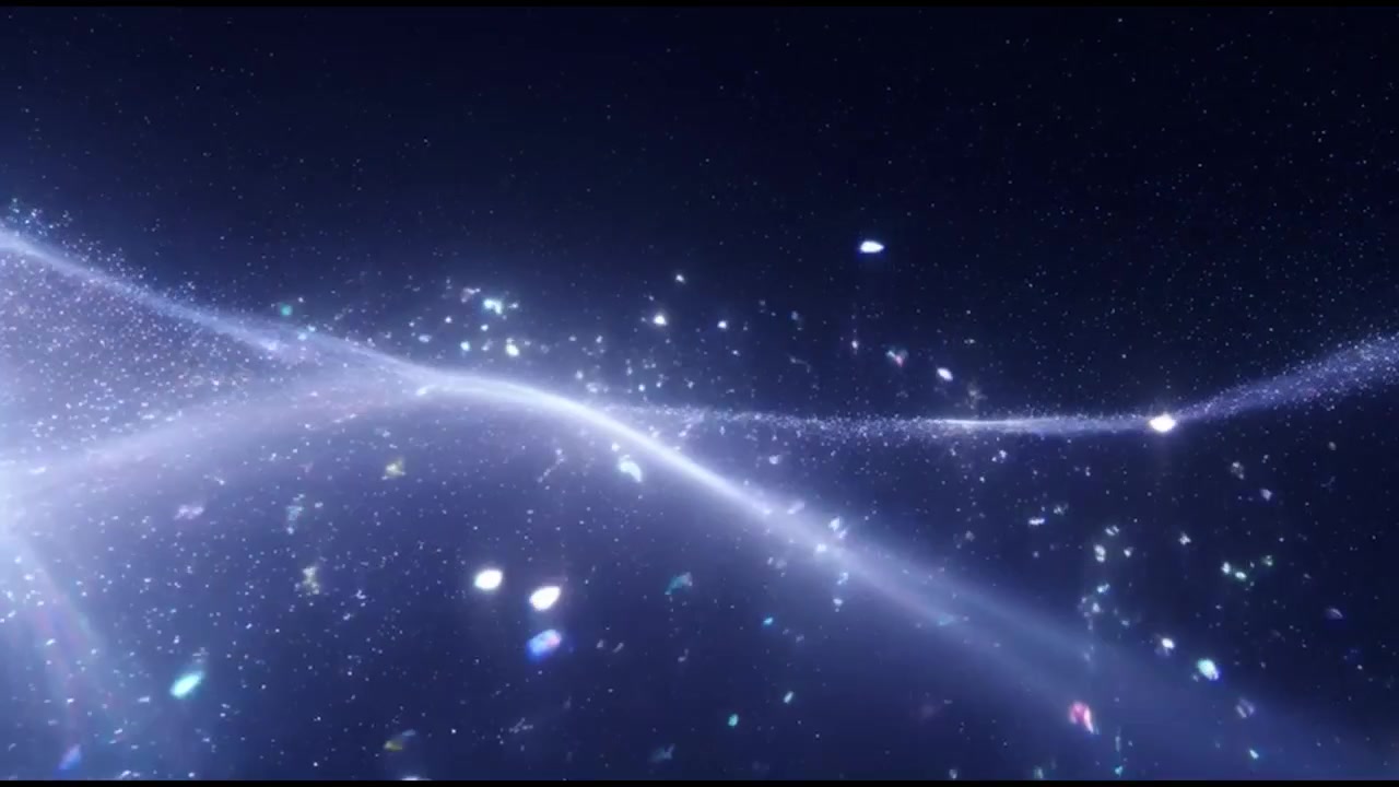 抽象動態背景，閃爍著藍色粒子和光波。