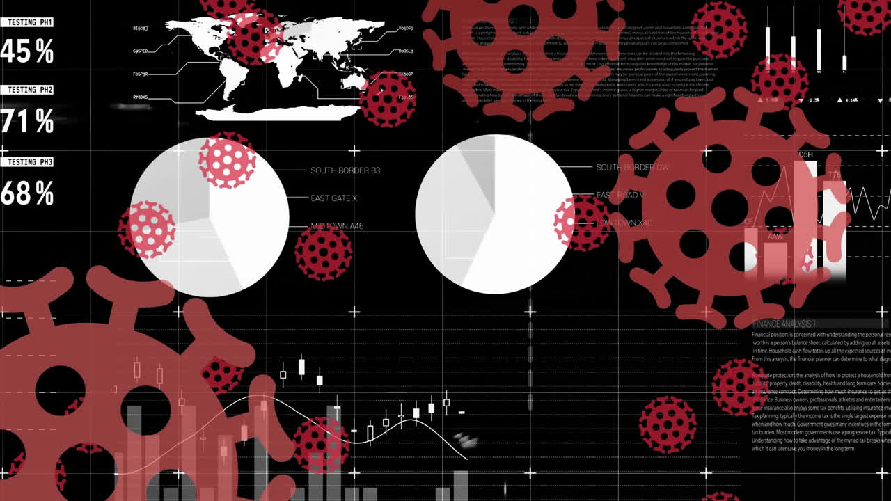 animación de las células de covid 19 sobre estadísticas y procesamiento de datos