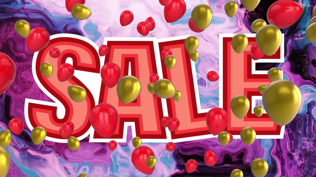 Animazione di palloncini e testo 'saldi' su motivo astratto multicolore nello sfondo