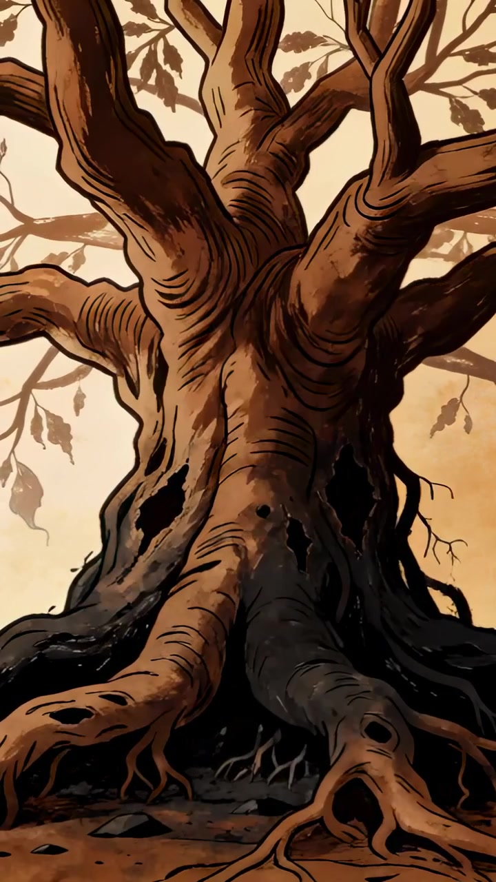 Vertical video: Panning camera upward from low view, revealing gnarled trunk with exposed roots