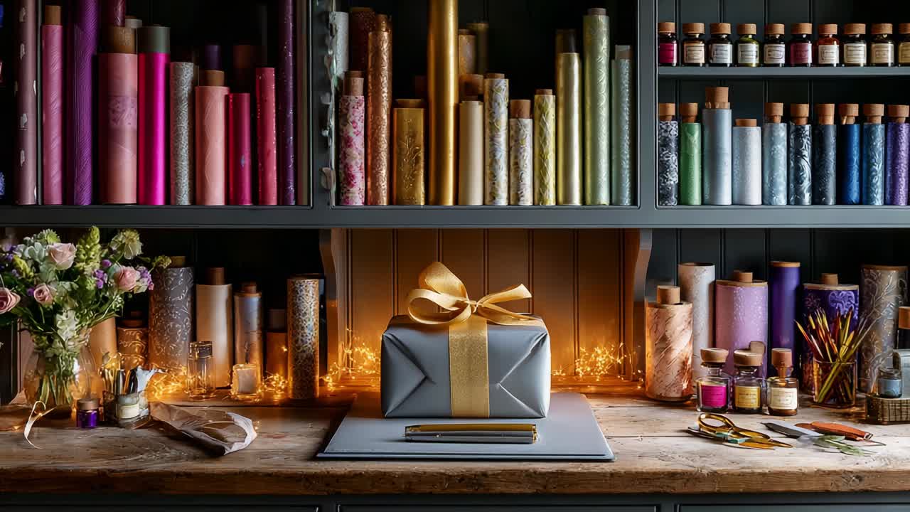 A beautifully arranged workspace filled with vibrant rolls of wrapping paper, elegant gift boxes, and various decorating tools, creating an inviting atmosphere for crafting and gift preparation