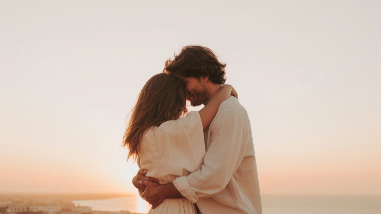 Abbraccio romantico al tramonto catturato in uno stile video caldo e cinematografico, con vista laterale
