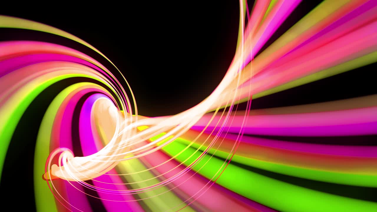 빛의 흐름: 4k에서 추상적인 루프 배경, 빛의 흔적, 공간에서 녹색, 빨간색, 노란색, 네온 선의 흐름은 나선형 모양을 형성하기 위해 움직입니다.