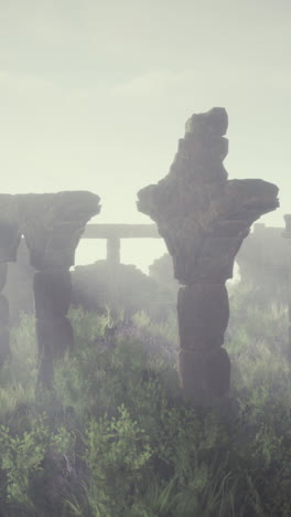 ancient stone ruins in fog