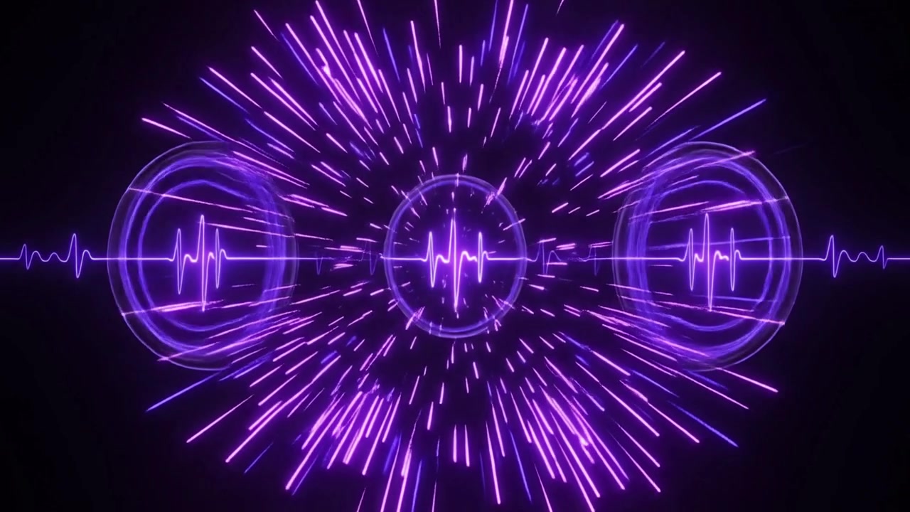 Abstract Purple Neon Audio Waveform Visualization with Expanding Light Rays