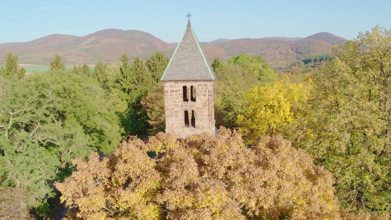 Eine nähere Luftaufnahme mit Drohne der mittelalterlichen St.-Stephans-Kirche (Szent István-templom), die ihre historische kreisförmige Steinmauer und einen leuchtend goldenen Herbstbaum an einem klaren sonnigen Tag hervorhebt