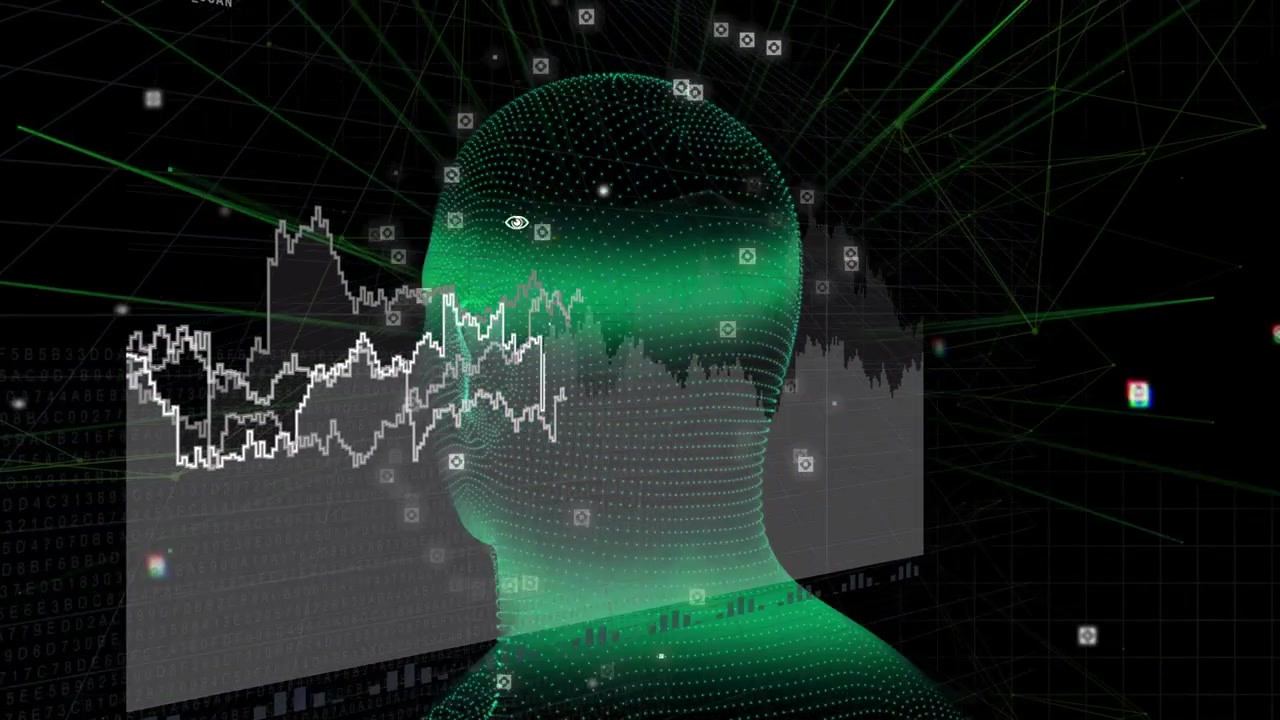 Green wireframe head rotating with waveform sliding and scan sweep starting, mapping cranial data