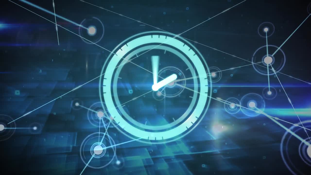 검은 바탕에 시계 위의 아이콘과 빛의 흔적을 가진 연결 네트워크의 애니메이션