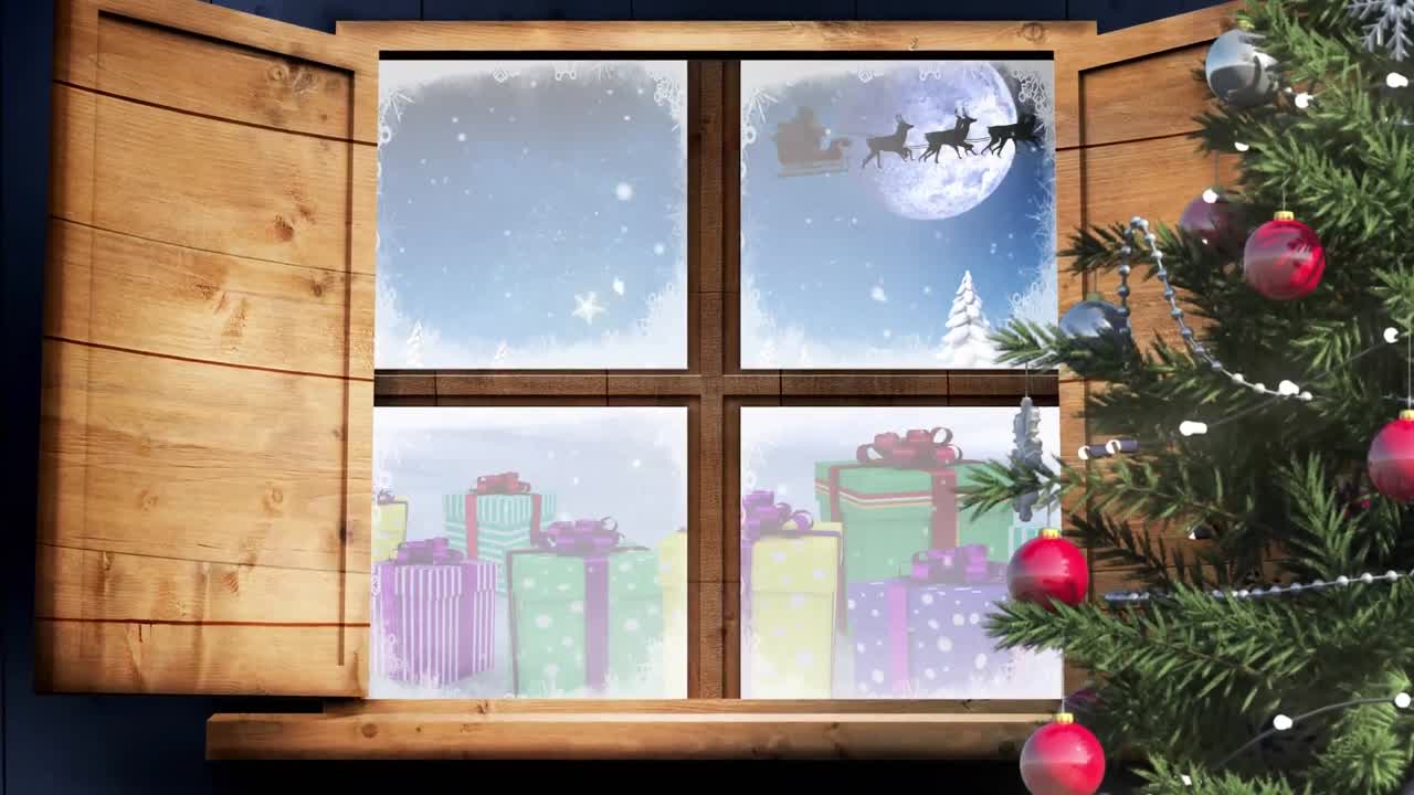 Digital animation of christmas tree and window frame against snow falling over gift boxes on winter