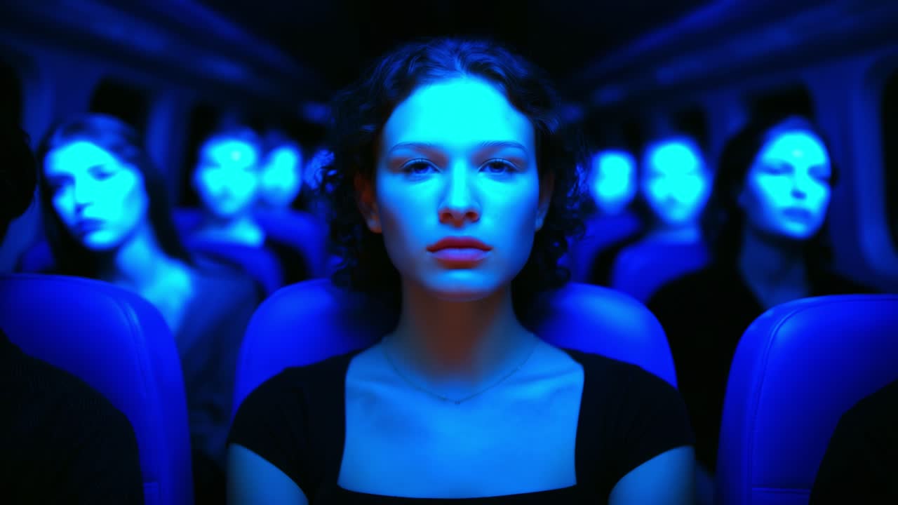 A thought-provoking scene showcasing a young woman seated in a bus surrounded by individuals in a somber blue light, emphasizing isolation and introspection during a captivating journey