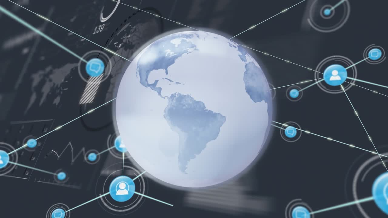 Animação de globo giratório sobre pontos conectados em um fundo com mapa, barras e círculo.