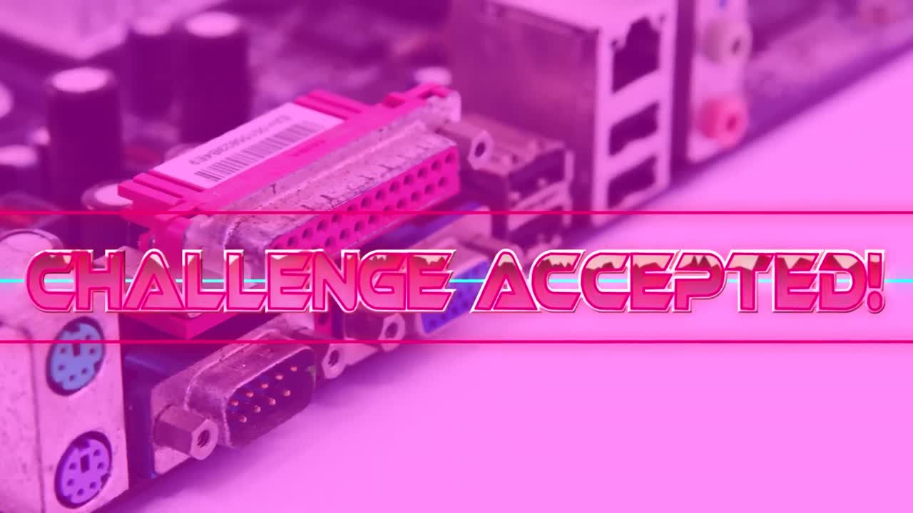 기하학적 모양과 프로세서 코어 위에 도전 받아들여진 텍스트의 애니메이션